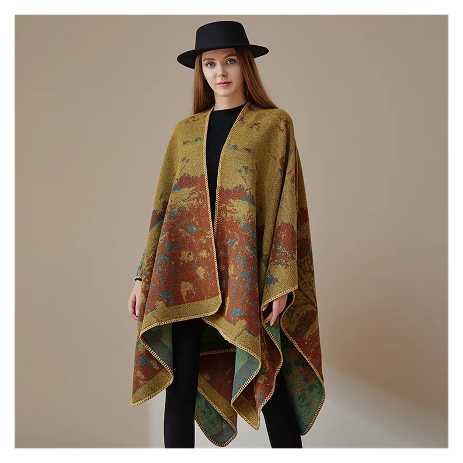 Poncho Mantello Donna Mantella Divisa Mantella Stile Classico Doppio Lato Nappa Viaggio Caldo Mantella Cappotto Donna Nero(Color-9)