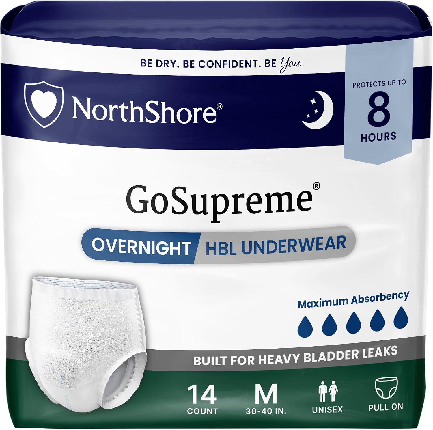 NorthShore GoSupreme 8-Hour Overnight Underwear, White, Medium, 14 Count