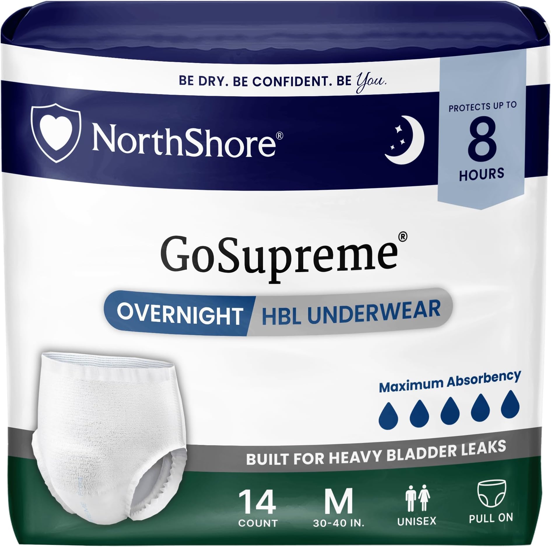 NorthShore GoSupreme 8-Hour Overnight Underwear, White, Medium, 14 Count