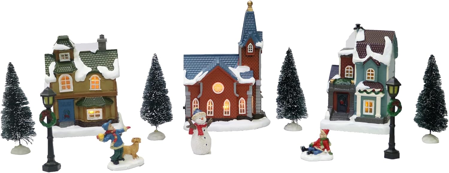 MOMENTS IN TIME Christmas Village Set 12-Piece with LED Lights Miniature Christmas Houses Church Lighted Holiday Décor for Tabletop Mantel Village Display Gift-Ready Packaging