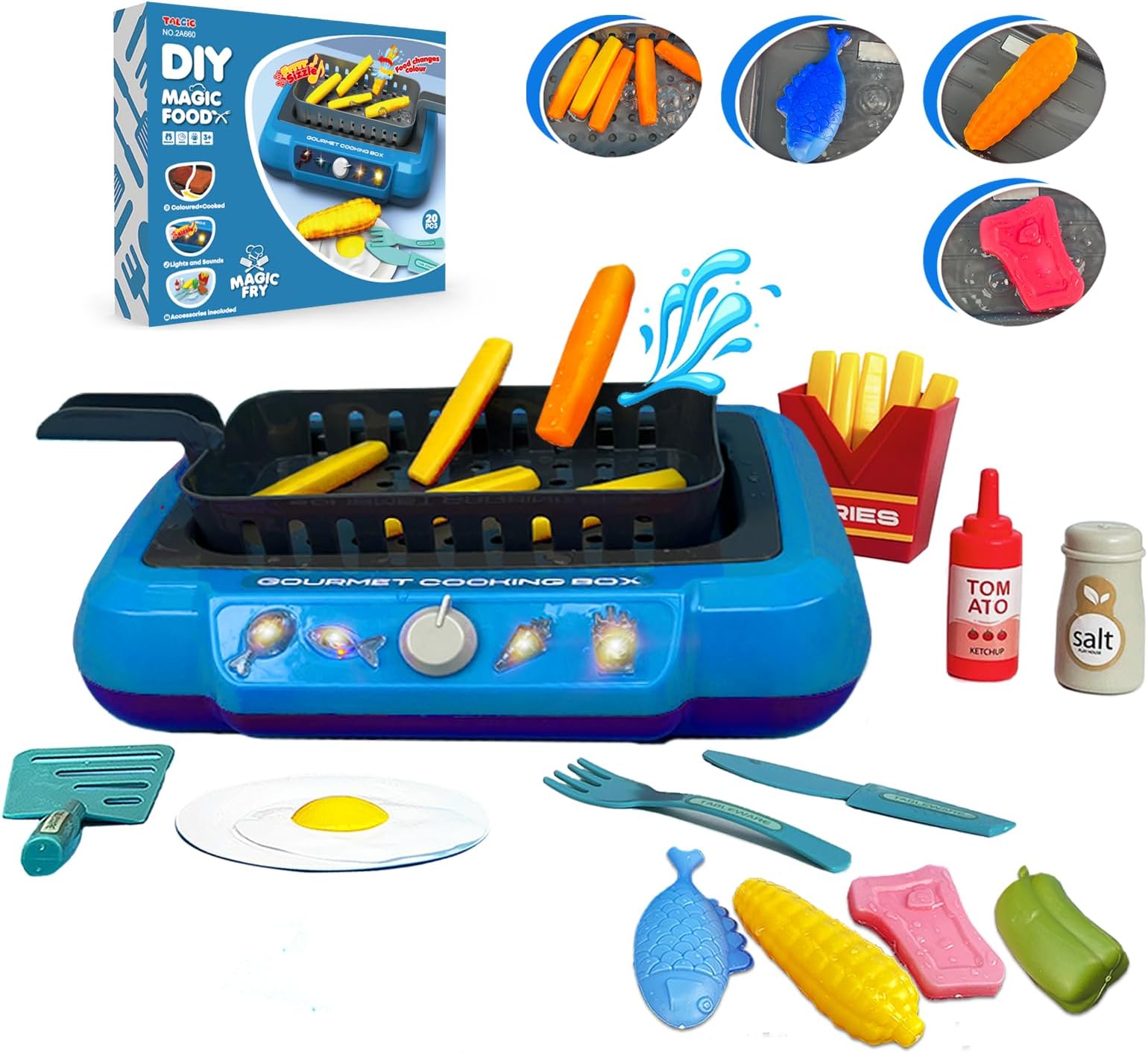 TALGIC Cooking Simulator Toy with Color Changing Accessories, 20 PCS Fun Frying Kit Gourmet Cooking Box, Magic Fry Simulation Cooking Toy with Sound & Light & Bubble Grill Surface for Kids 3-8-Blue