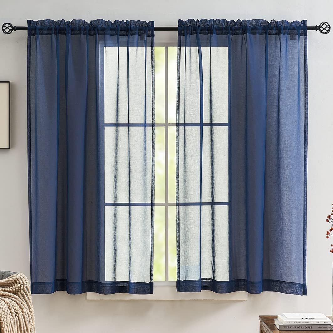 MYSTIC-HOME Sheer Curtains Navy Blue 45 Inches, Rod Pocket Voile Drapes for Living Room, Bedroom, Window Treatments Semi Crinkle Curtain Panels for Yard, Patio, Villa, Parlor, Set of 2, 52"x 45". 52"Wx45"L Navy Blue