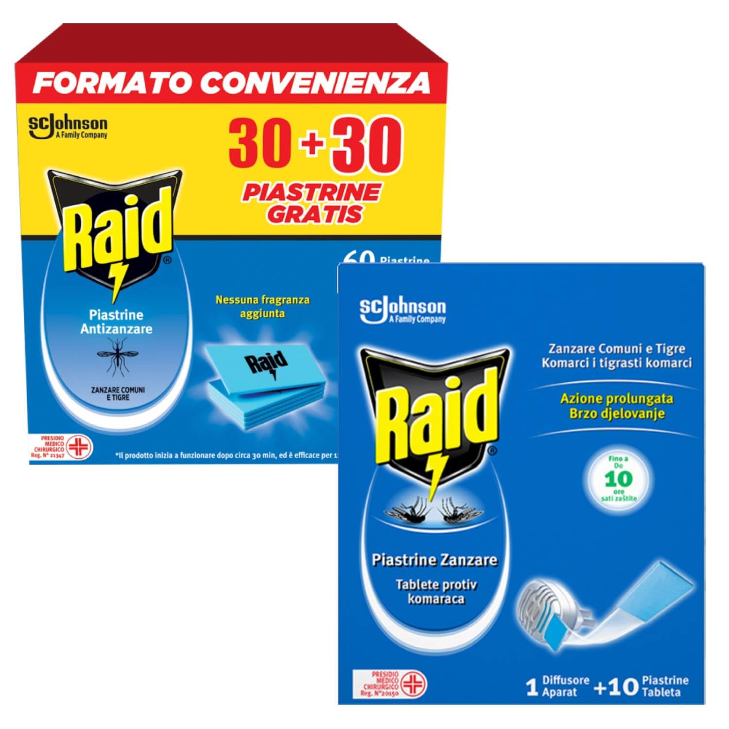 Raid Piastrine Antizanzare, 60 Piastrine Inodore per Zanzare Comuni e Tigre, Fino a 12 Ore di Protezione, Compatibili con Diffusori Raid (Piastrine + Diffusore)
