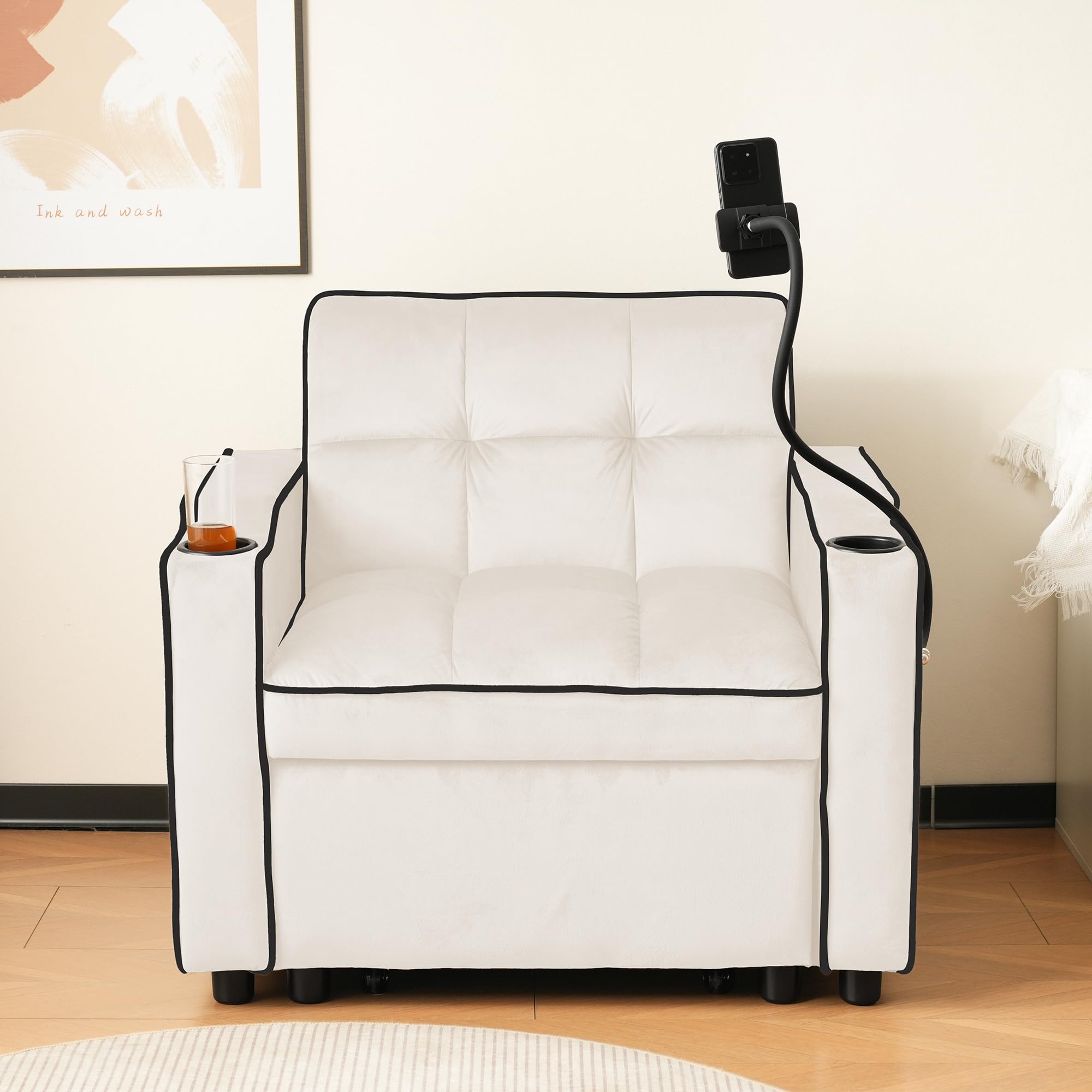 Divano letto singolo allungabile 3 in 1 – con portabevande e supporto per cellulare, poltrona reclinabile, ideale per piccoli spazi, 83 x 167 x 76 cm (beige)