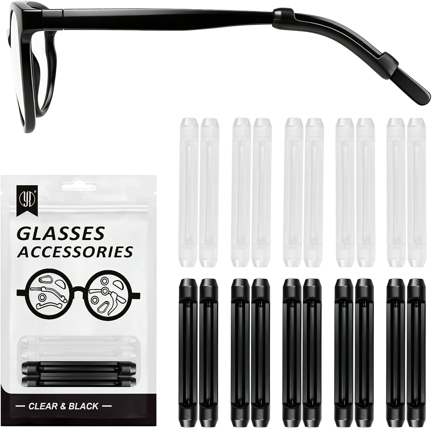 YR Soft Silicone Eyeglasses Temple Tips Sleeve Retainer, Anti-Slip Elastic Comfort Eyeglass Ear Grippers for Eyeglasses Sunglasses Reading Glasses Eyewear, 5 Pairs Clear & 5 Pairs Black