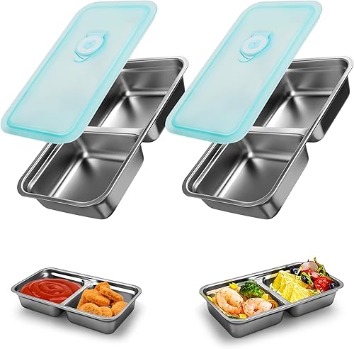 Recipientes reutilizables de acero inoxidable con tapas, contenedores de doble compartimento para aperitivos, recipientes pequeños para condimentos