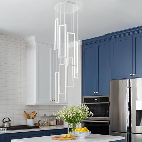 Miniatura 84 de Lámpara colgante moderna para isla de cocina, regulable, color negro, 54 W, luces colgantes LED, 4 anillos, candelabros rectangulares, escalera