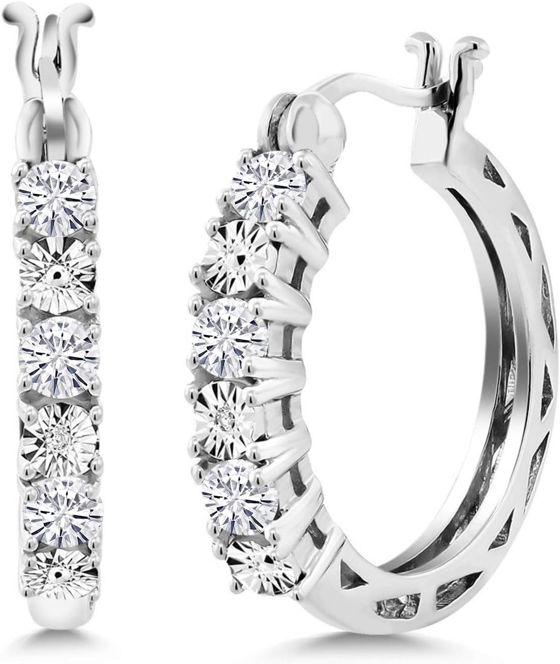 Gem Stone King 925 Sterling Silver Moissanite and White Lab Grown Diamond Hoop Earrings For Women | 0.61 Cttw | Round 3MM | 22MM = 0.85 Inches Diameter