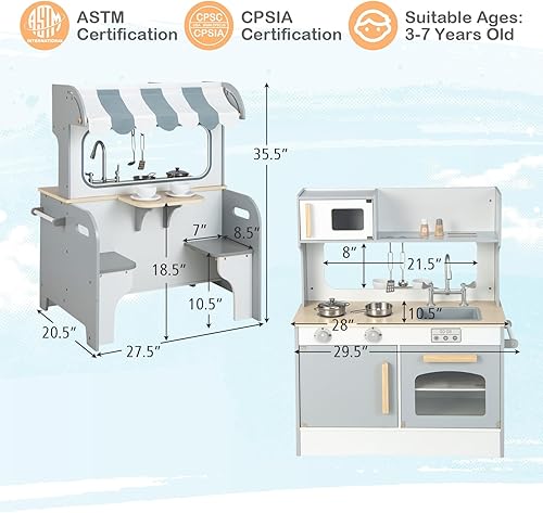 Miniatura 7 de HONEY JOY Juego de cocina para niños, cocina de doble cara para niños pequeños y restaurantes, utensilios de cocina, microondas, fregadero, gabinete