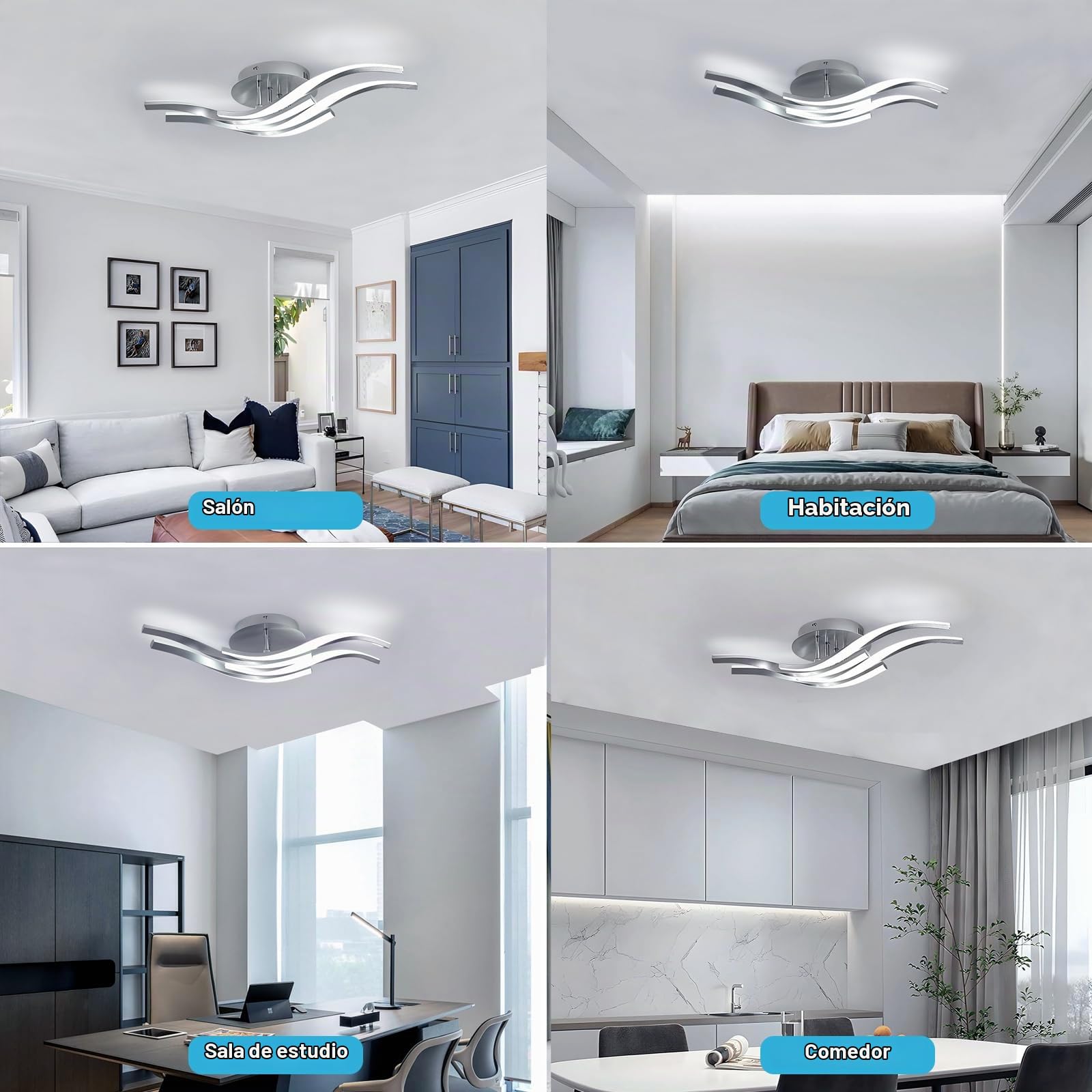 Toolight Lámpara de Techo, 32W 3600LM Plafon LED Techo de Moderna Diseño Curvo 60CM, Lamparas de Techo para Salón Dormitorio Cocina Estudio Pasillo, Blanco Frío 6500K, Plata