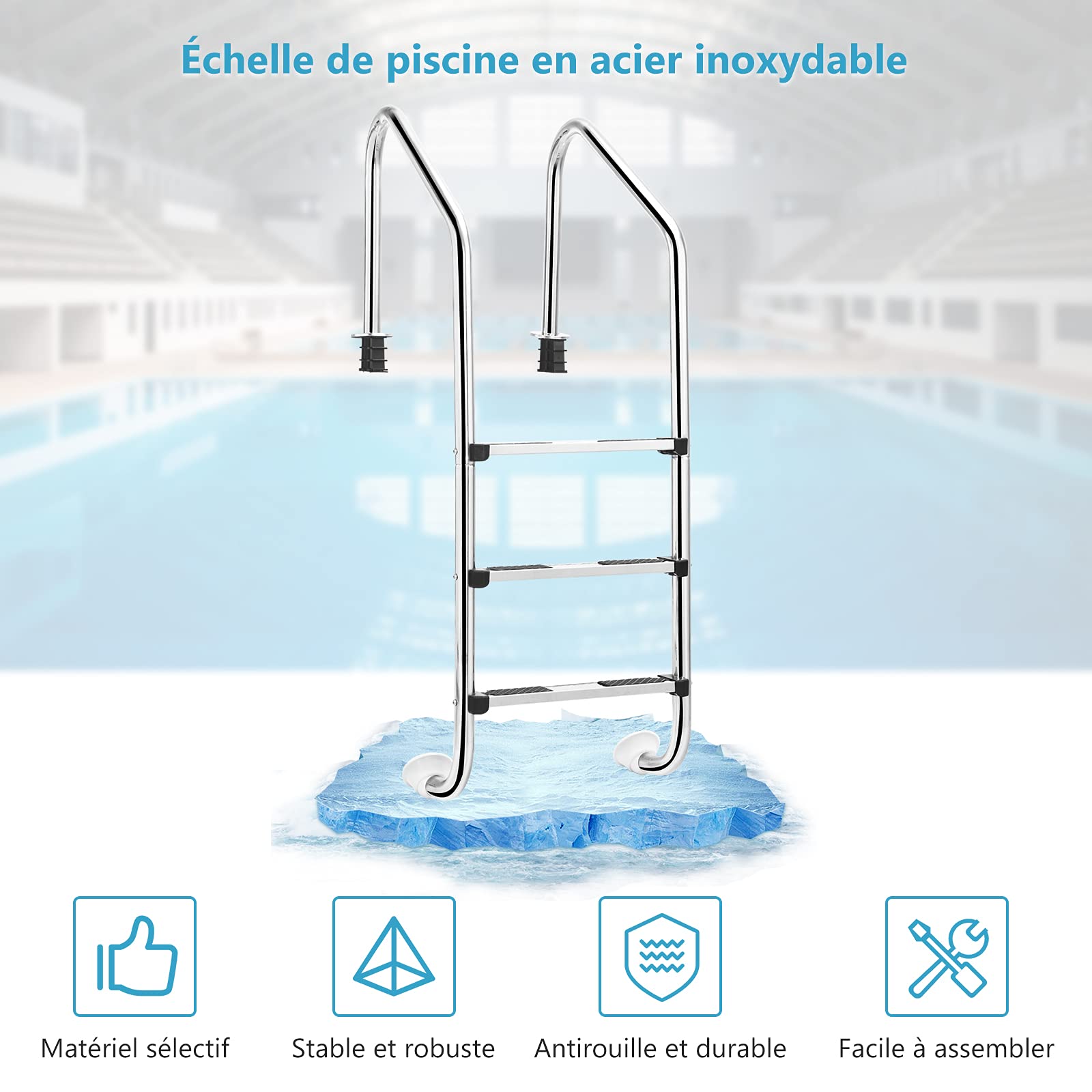 COSTWAY Échelle en Acier Inoxydable en U à 3 Niveaux pour Piscine, avec Marches Antidérapantes et Mains Courantes Confortables, Idéal pour Spa, Parc