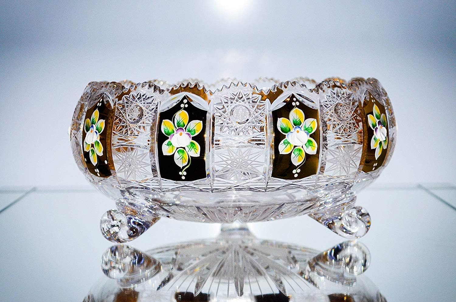 Czech Bohemian Crystal Glass Bowl-Vase 10''-Width Hand Cut Gold Plated Hand Decorated Vintage Lace Design Tripod-Dish Elegant Centerpiece Fruits Home Decor Holiday Gift Wedding Birthday Anniversary