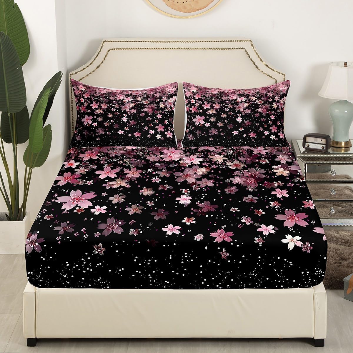 Feelyou Cherry Blossoms Fitted Sheet Twin Size Kids Sakura Flower Bedding Set for Boys Girls Teens Romantic Floral Botanical Bed Sheet Set Pink Black Bed Cover Deep Pocket Room Decor