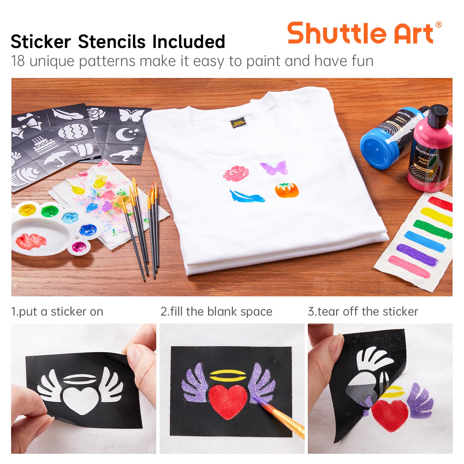Shuttle Art Farba tekstylna nadaje się do prania w pralce, 18 odpornych na pranie farb do tkanin (po 250 ml) w butelkach z pędzlami, szablony, wodoodporne farby do tkanin dla dzieci na koszulkach