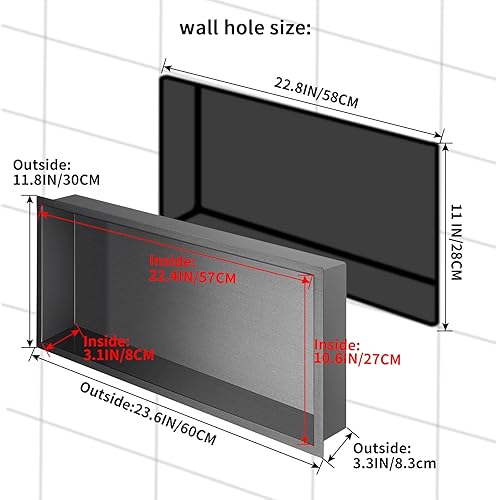 Miniatura 3 de Nicho de ducha de acero inoxidable cepillado de 24 x 12 pulgadas, organizador de ducha empotrado, inserto de estante de baño para instalación de