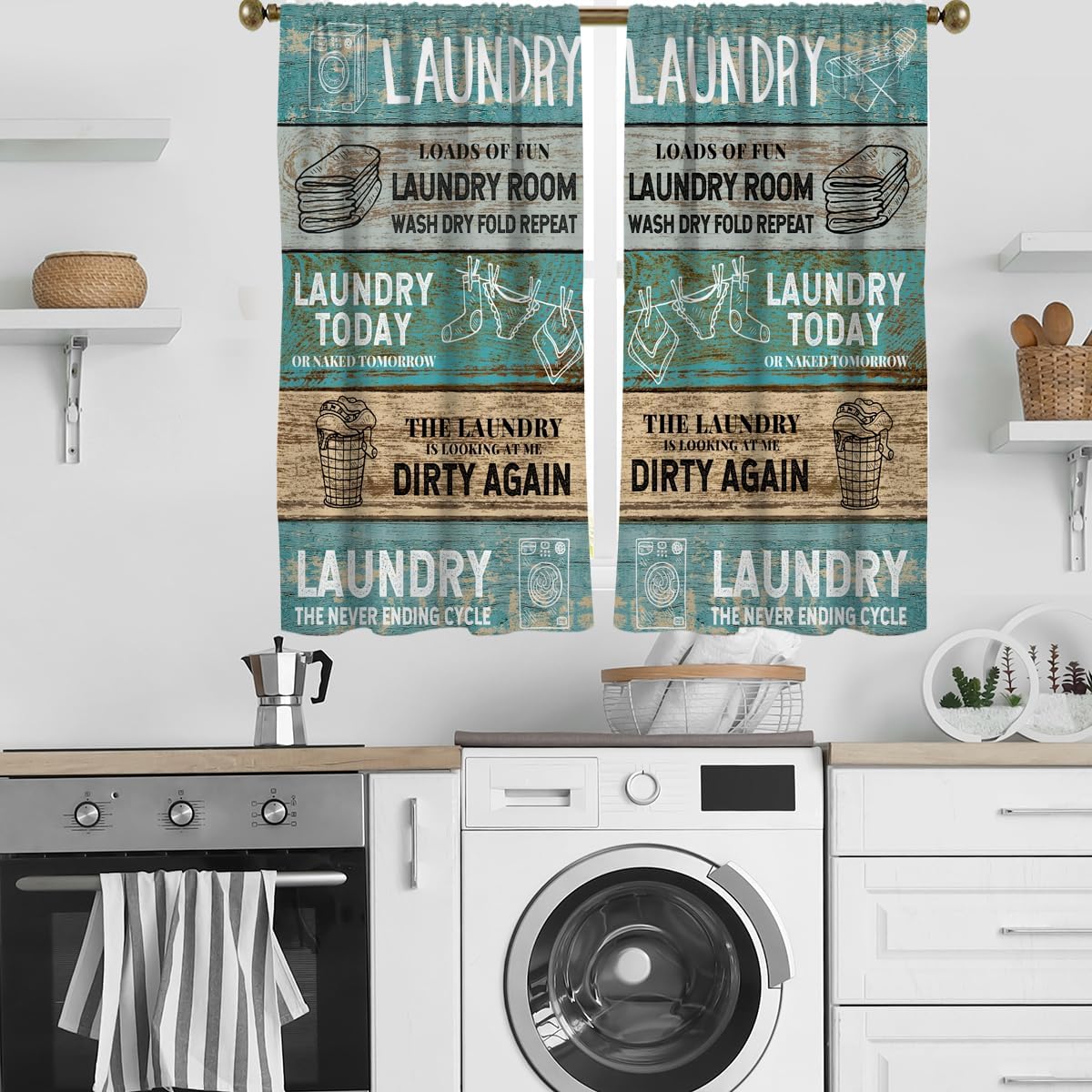 zokyer Laundry Kitchen Curtain Brown Teal Wooden Country Farmhouse Rustic Wood Board Small Short 27.5" W x 36" L Window Treatment Tiers for Bedroom Living Room Bathroom 2 Panels Rod Pocket Drapes