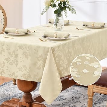 Romanstile Jacquard Rectangle Tablecloth - Outdoor Waterproof Damask Floral Pattern Decorative Table Cloths Heavy Weight Fabric Table Covers for Dinner/Parties/Outdoor - 60 x 102 Inch, Beige