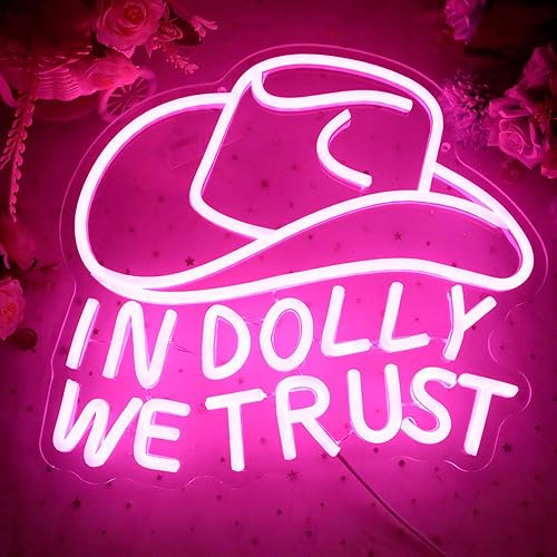 Miniatura 2 de Letrero LED de neón con texto en inglés "In Dolly We Trust", con sombrero de vaquera rosa, arte de pared del oeste de estilo retro campestre,