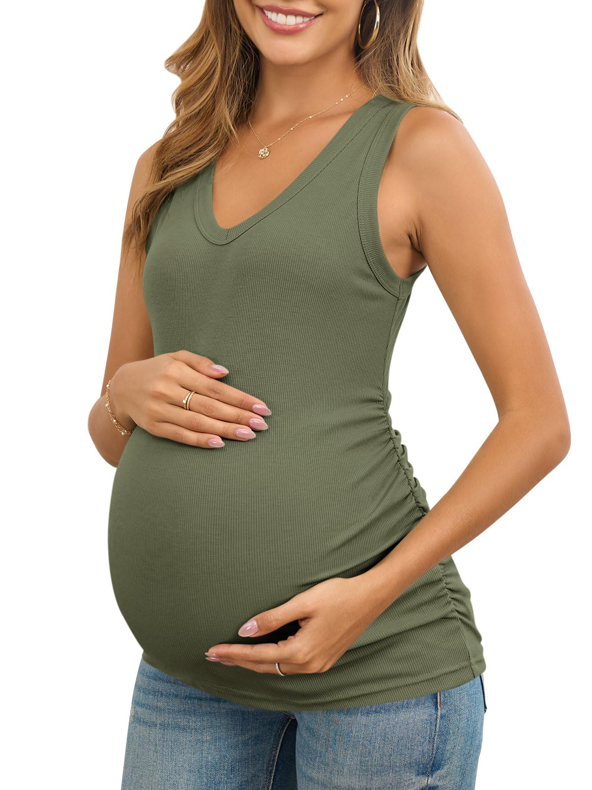 Maternity Tank Tops for Women Summer Sleeveless V Neck Ribbed Knit Slim Fitted Blouse Side Ruched Pregnancy Shirts
