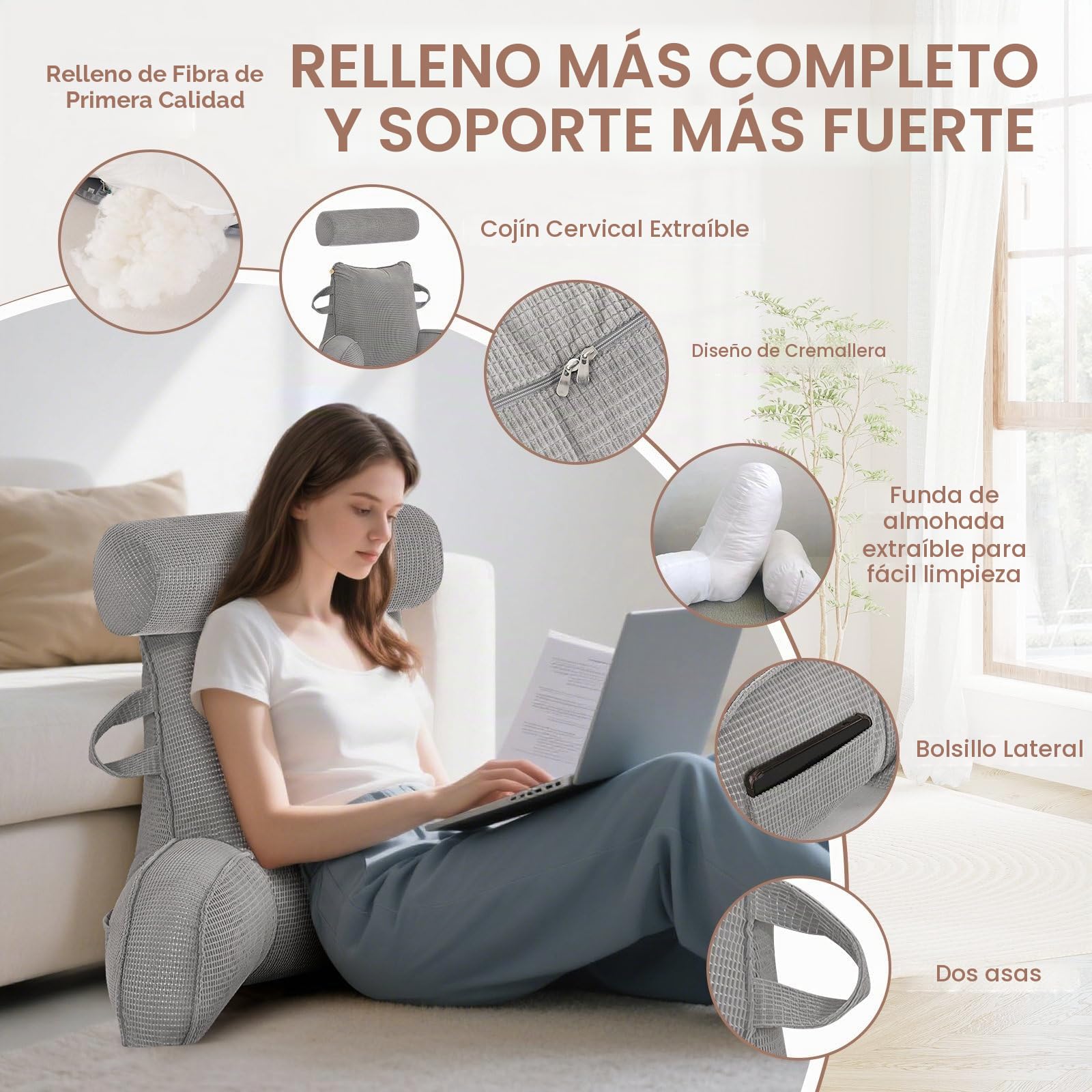 MINGPINHUIUS Cojín lumbar, cojín de lectura para cama y sofá con cojín cervical extraíble, cojín lumbar grande con apoyabrazos, ideal como soporte lumbar para leer, ver televisión, descansar, trabajar