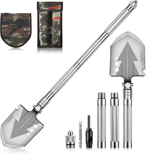 NACATIN Folding Shovel, 71cm Camping Military Survival Shovel Spade for Outdoor Hiking Camping Backpacking Gardening Car Emergency Fishing
