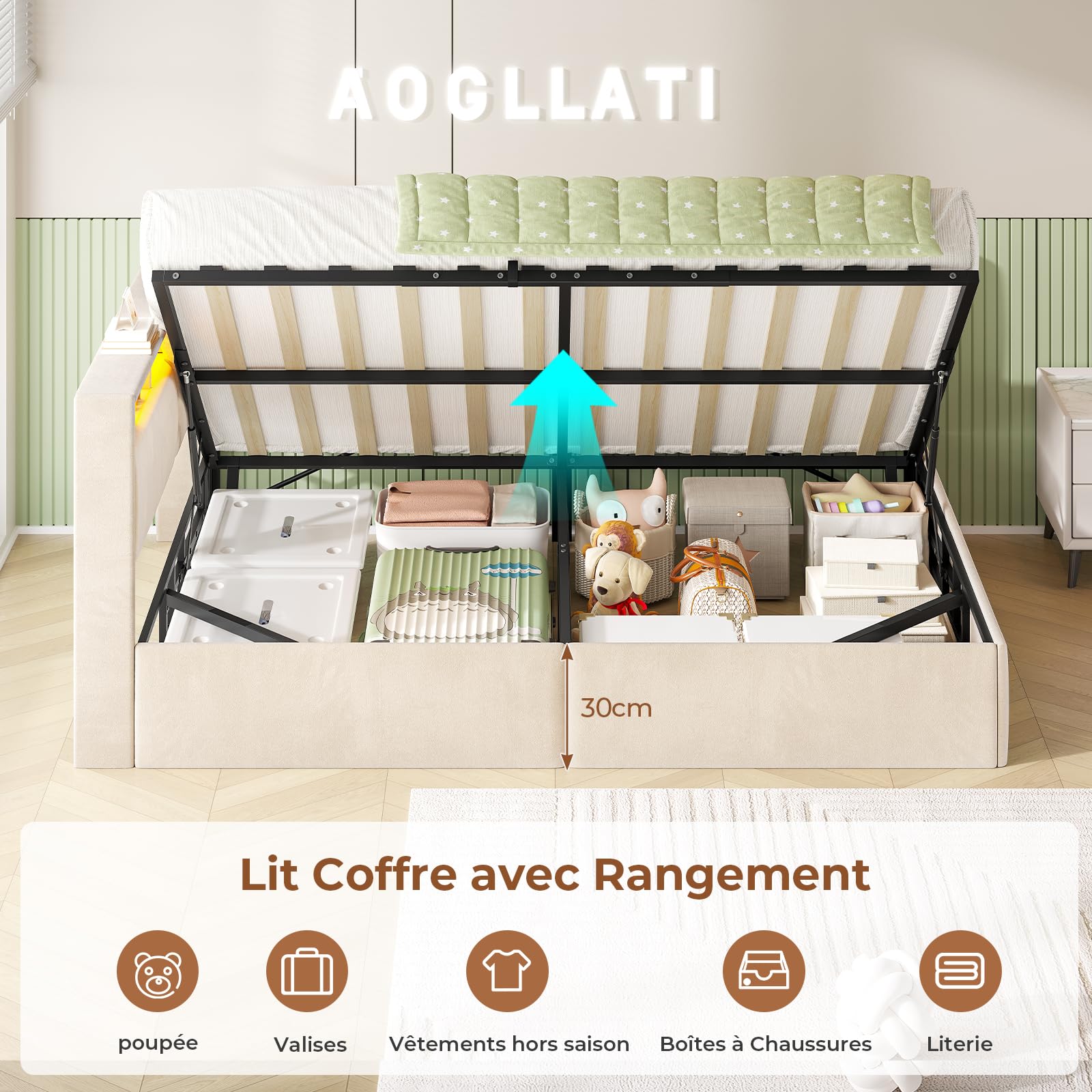 AOGLLATI Polsterbett Schlafsofa 140x200 mit USB-Steckdosen & hydraulischem Stauraum, Betten 140x200 mit LED-Kopfteil & Lattenrost, Kinderbett Tagesbett, Doppelbett, Beige Samt (ohne Matratze)