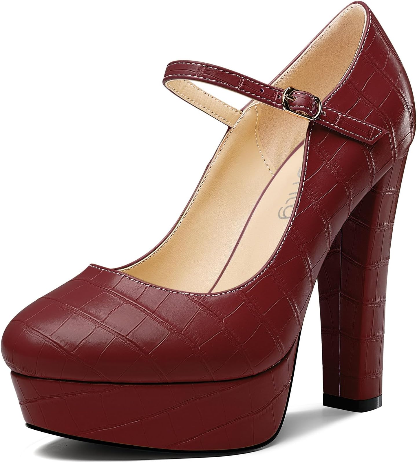 Womens High Block Platform Heel Close Round Toe Ankle Strap Mary Jane Buckle Dress Party Shoes 5.1 Inches Heels