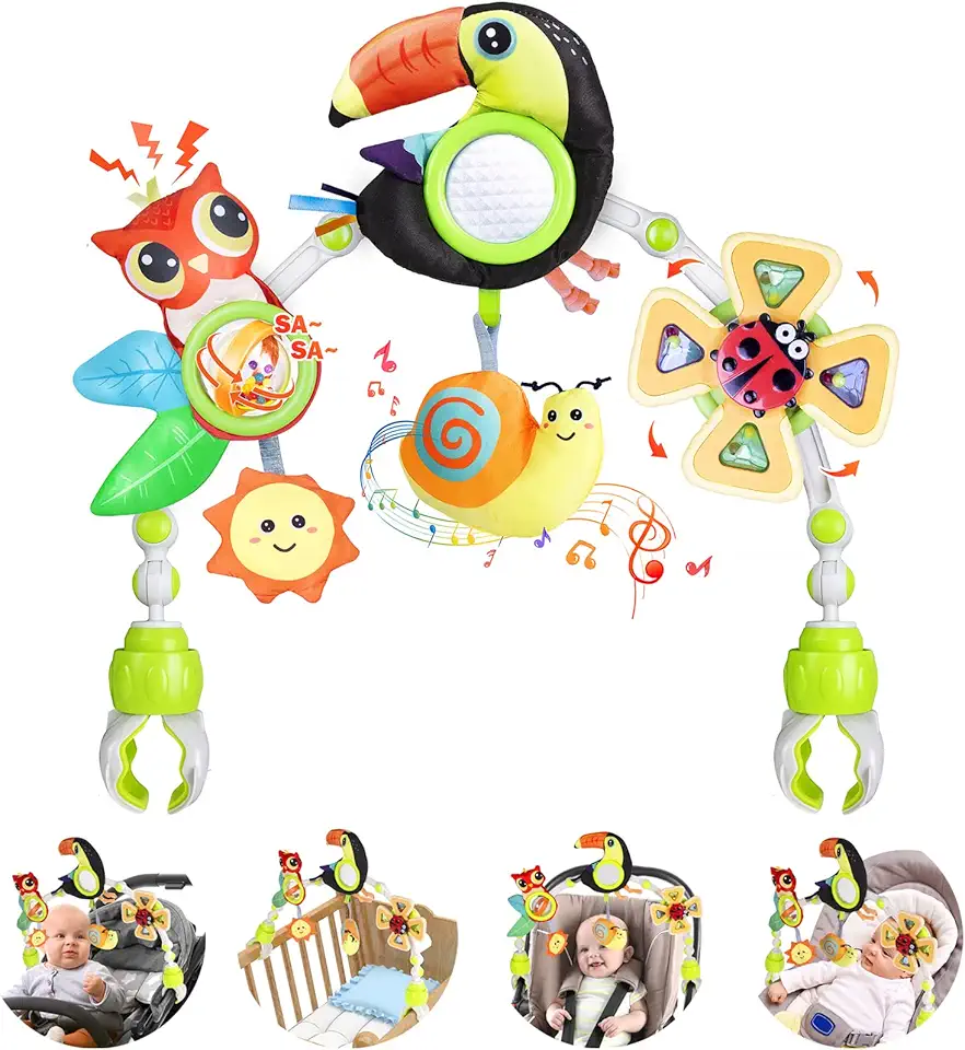 Baby Stroller Arch Toy with Teether, Rattle, Crinkle Sound, Mirror &amp; Music Box, Newborns Sensory Activity Carrier Take-Along Toy, Adjustable for Bouncers