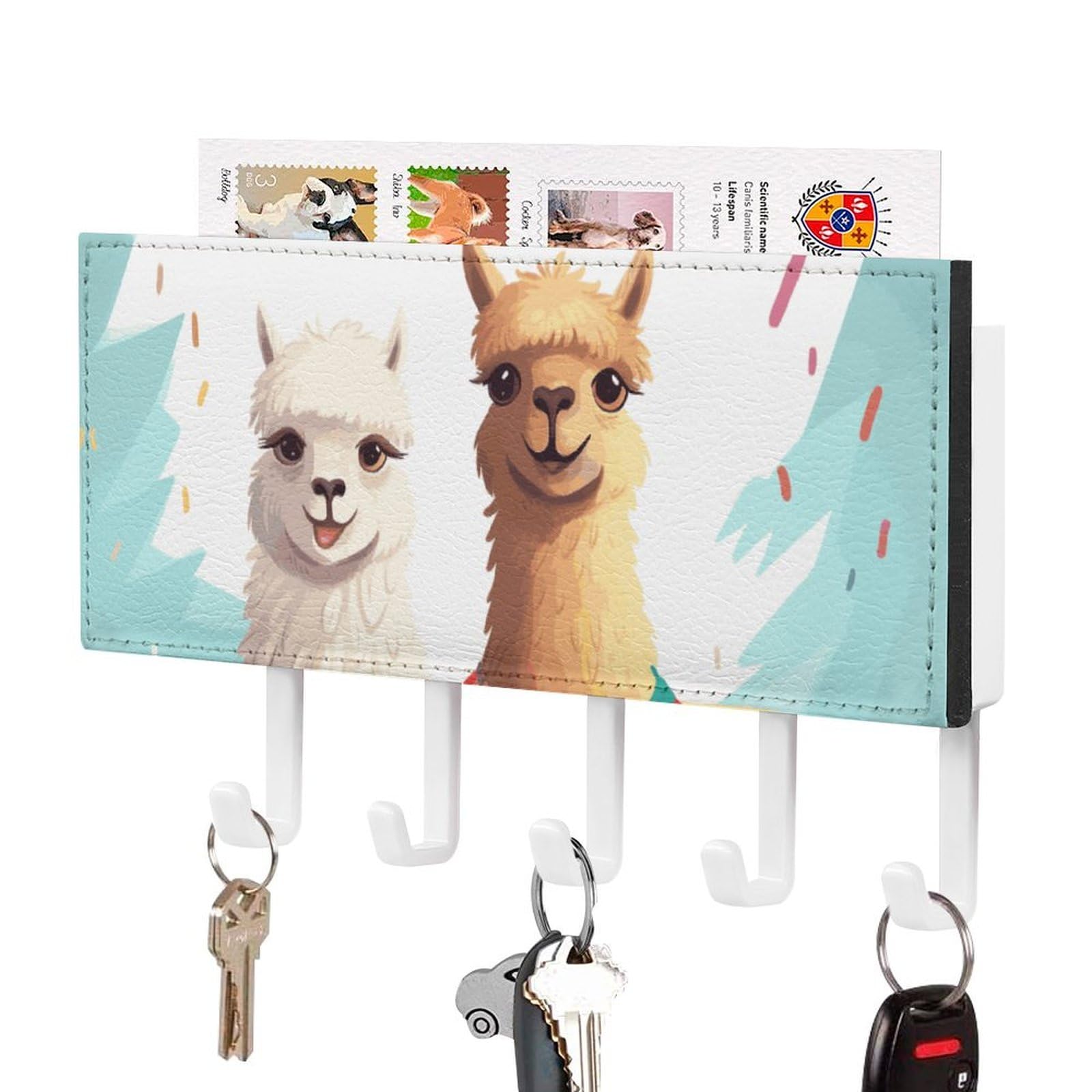 DWVTSLH Llama Alpaca Key Holder for Wall, Decorative Key Hooks with Mail Organizer & 5 Hooks, Self Adhesive Leather Key Hanger for Entryway, Wall Mounted Key Rack (7.1” X 4.3” X 0.9”)
