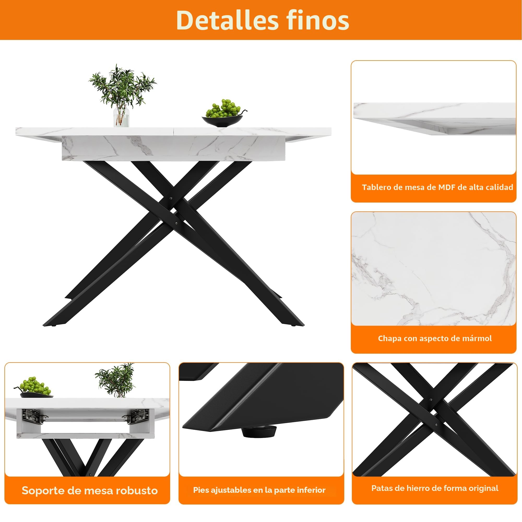Mesa de comedor telescópica (120-160 cm), mesa de comedor extensible, ahorra espacio, patas de hierro cruzadas negras, para cocina y salón, mesa de mármol blanco (blanco, 120-160 x 80 x 76,5 cm)