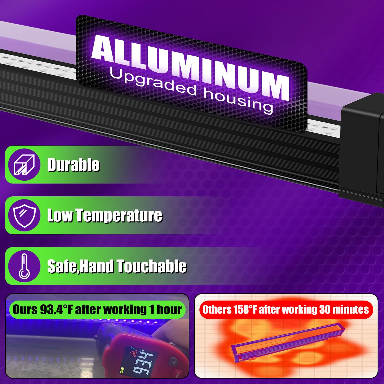 Barra de luz negra recargable, 4 paquetes, luces negras alimentadas por pilas para fiesta brillante, tira de luces UV inalámbricas con interruptor de encendido/apagado/dimma/flash, para pesca en el
