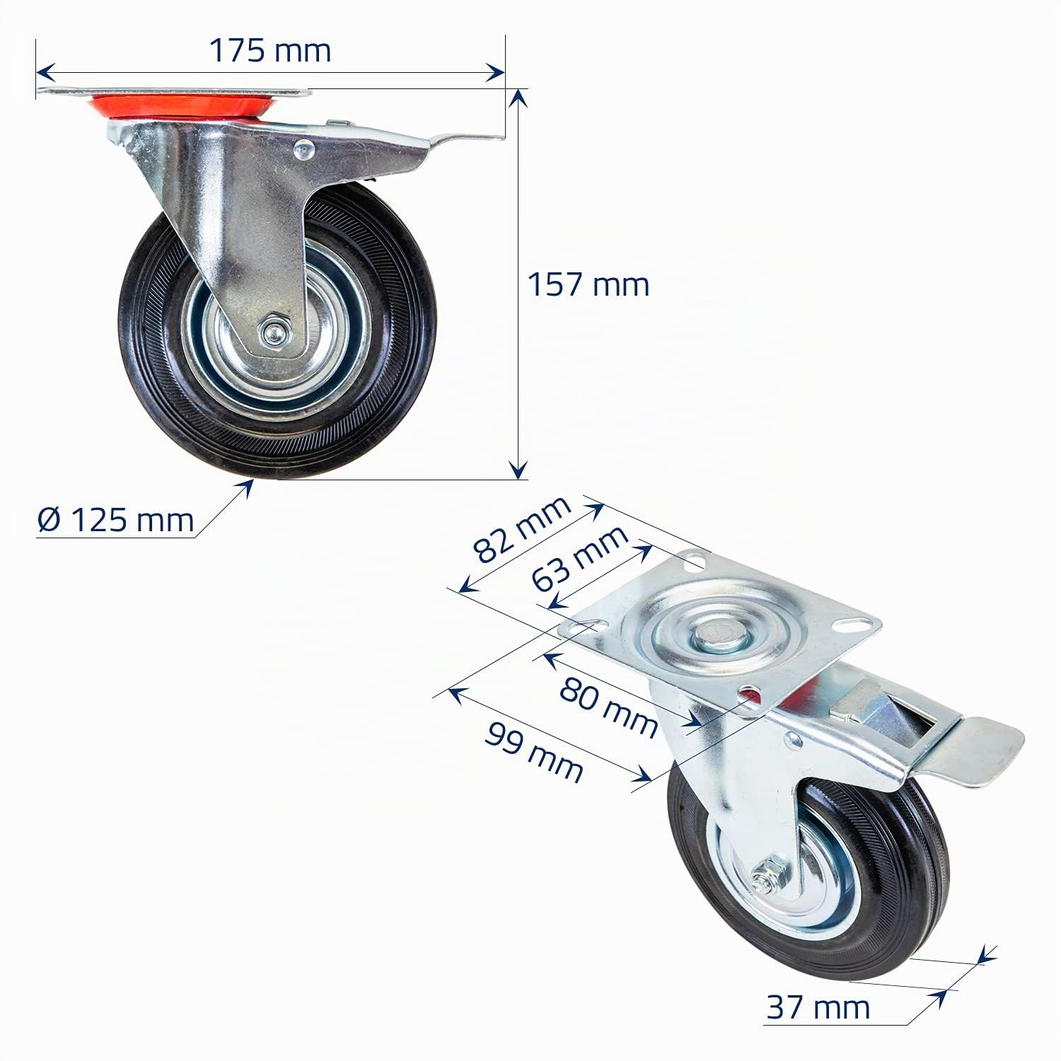 Ruedas de goma maciza con freno 125 mm 400 kg HMF 6790 4 unidades negro