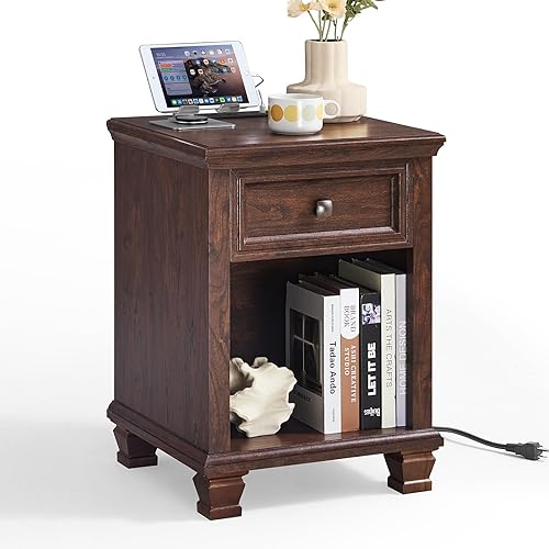 Miniatura 1 de Mesa auxiliar de granja con estación de carga, mesa auxiliar de madera rústica con cajón, mesita de noche pequeña con estante abierto para