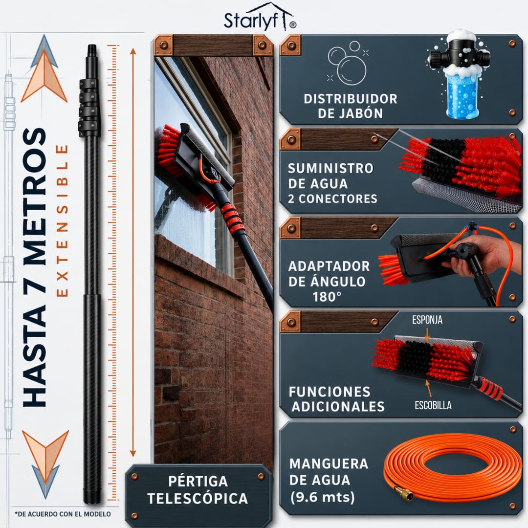 Barra Telescópica Extensible Multifunción, Ligera, de 1,6 a 7 Metros, Limpieza Placas fotovoltaicas, Techos, Coches, embarcaciones, Dispensador de Jabón, Limpiador Placas solares