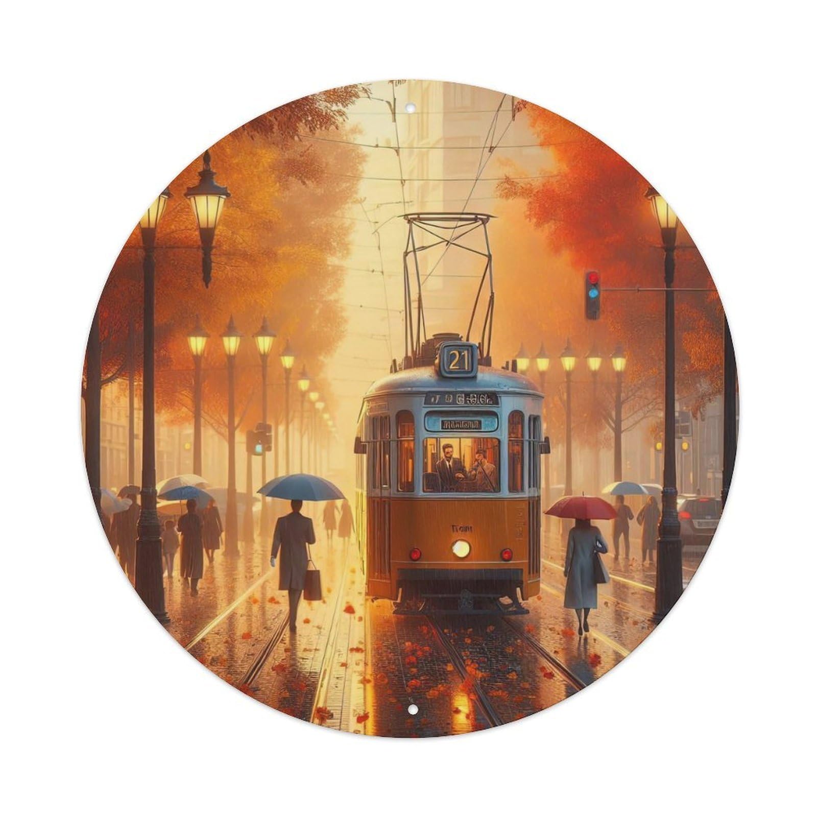 Vintage Trams on City Streets Vintage Metal Tin Sign Plaque Wall Decor for Cafe, Club, Garden Round Metal Poster 8x8Inch