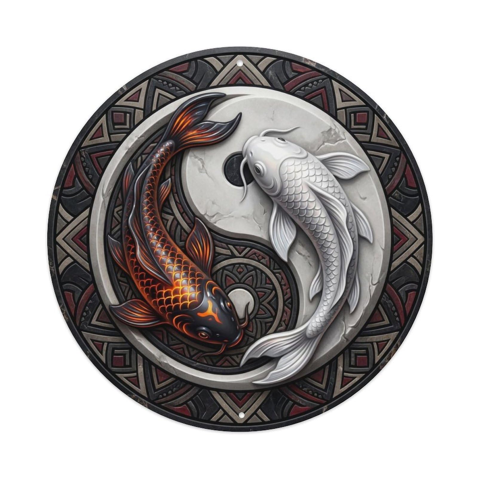 Tai Chi Koi Fish Obsidian Black Volcanic Stone Metal Tin Sign