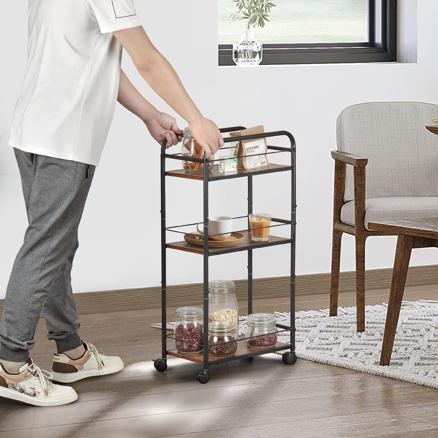 Small Bar Cart for Small Spaces, 3-Tier Slim Rolling Kitchen Cart on Wheels, Narrow Cart with Protective Fence, Industrial Mini Coffee Station for Home,Living Room,Bathroom, Rustic Brown - Image 2