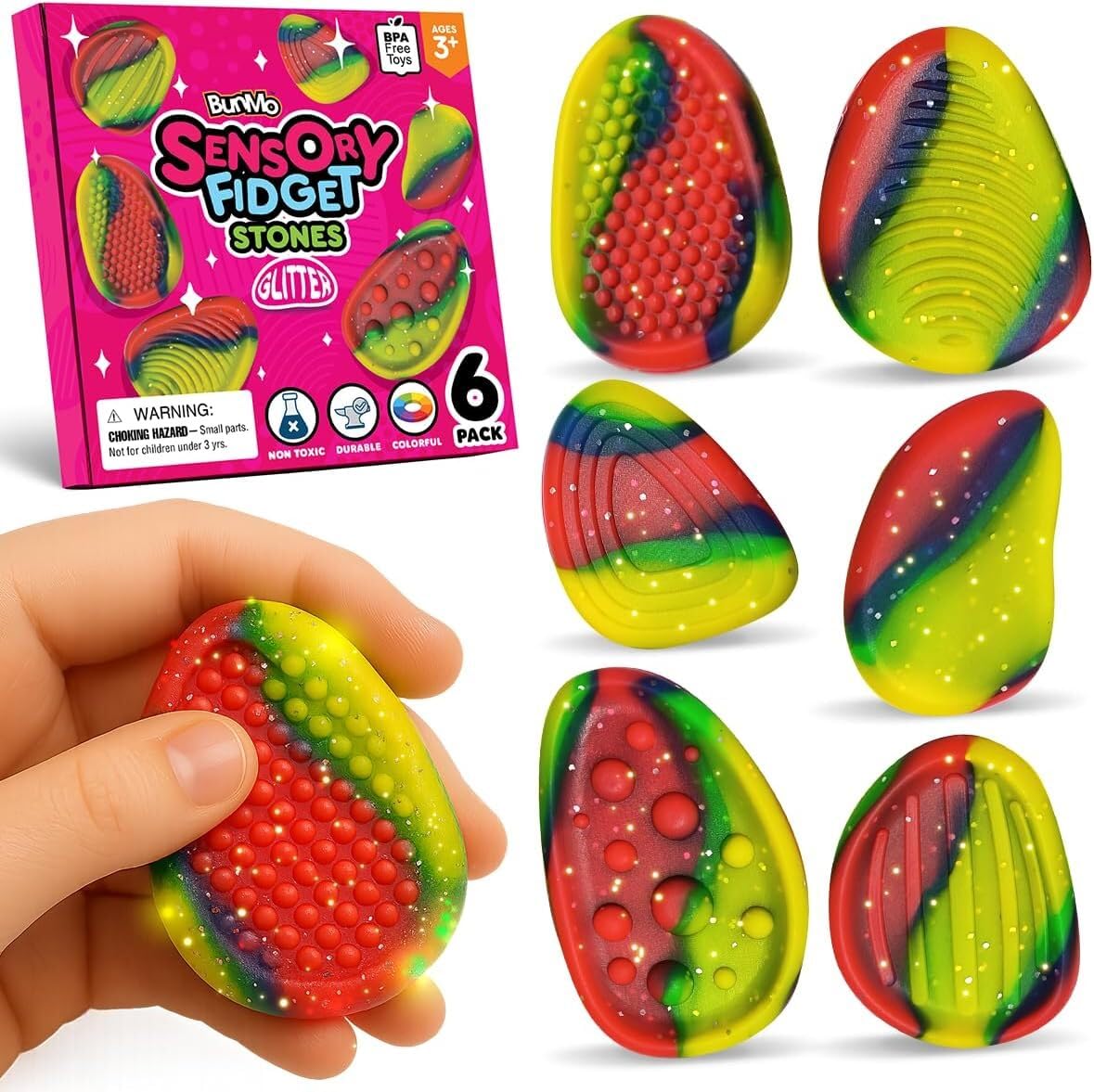 BUNMO Sensory Fidget Stones – 6pk Glitter | Silicone Worry Stones for Kids Ages 3+ | Portable, Textured, Quiet Sensory Stones for Hands-On Play