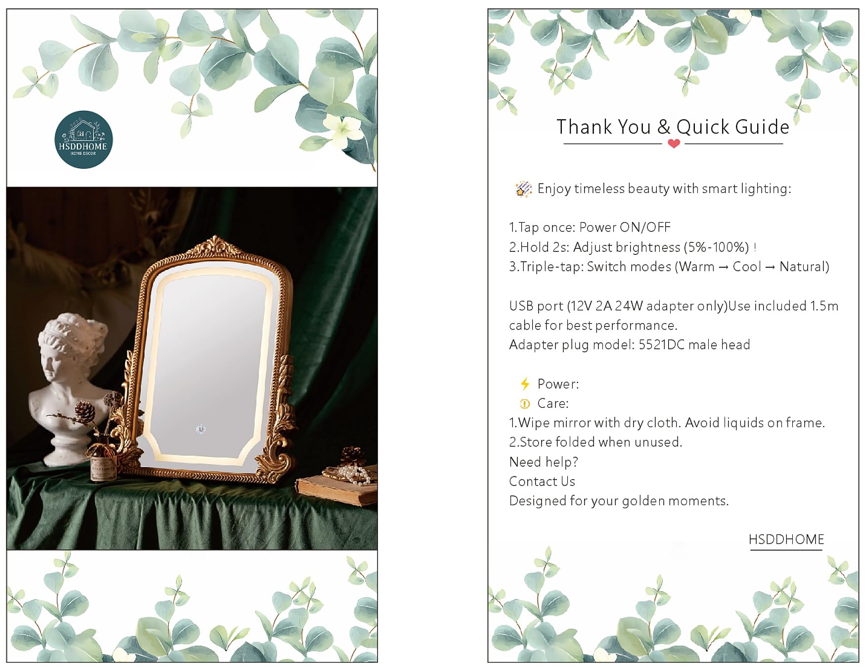 HSDDHOME Large 16x20 Vintage LED Vanity Mirror, Gold Arch Makeup Mirror