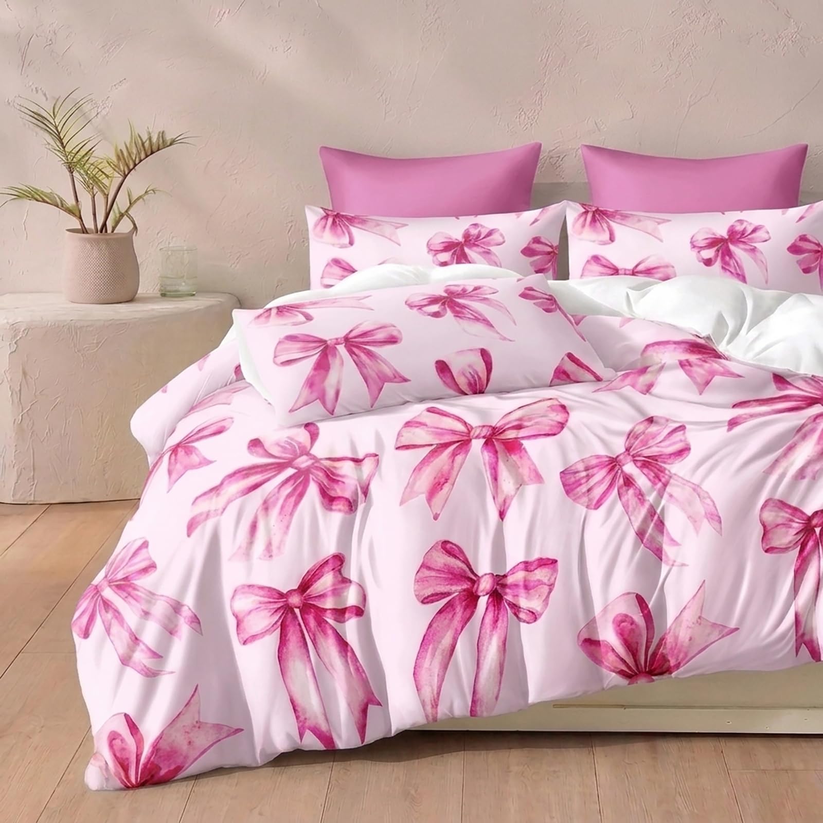 Herside Pink Bow Bedding Set Watercolor Pink Bowknot Duvet Cover Set Single Size Girls Quilt Cover Bow Tie Design Soft Microfibre Bedding Cover Sets with Zipper Closure Bedroom Decor — image 1