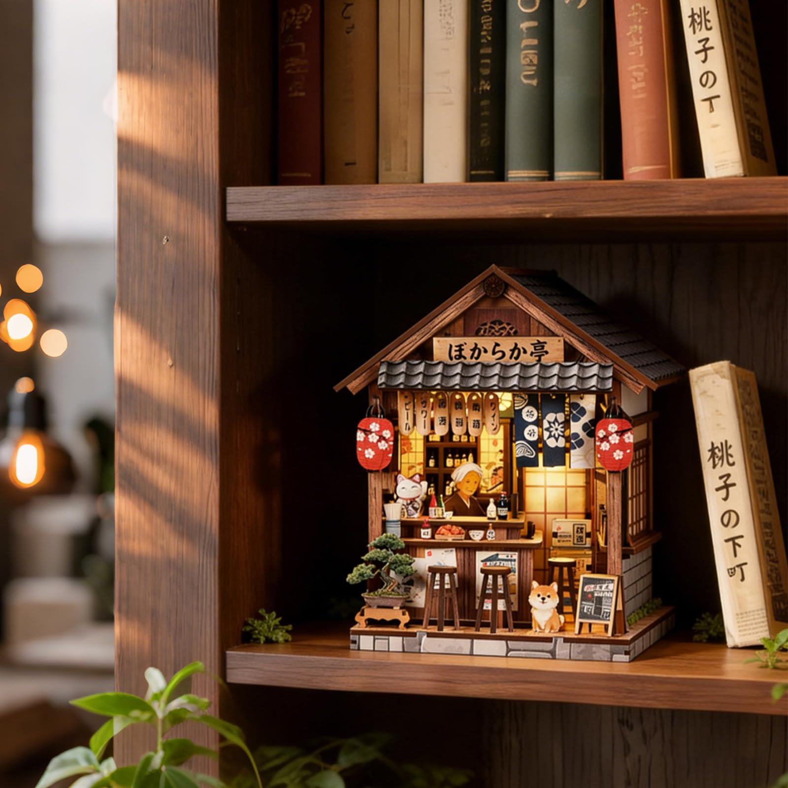 Book Nook Japan, Booknook Puppenhaus Modell，Dekoratives Bücherregal-Display & Wohndeko，3D-Holzpuzzles Buchecke, DIY-Miniaturhaus-Set（Yiran Izakaya）
