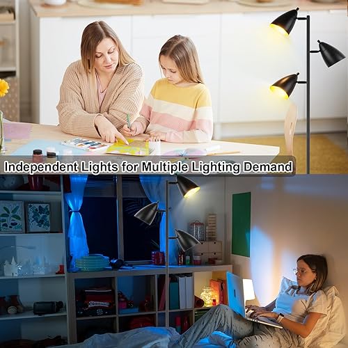 Miniatura 5 de Lámpara de pie de árbol para sala de estar, lámpara de pie industrial de 3 luces con 3 bombillas LED, cabezales de rotación ajustables, lámpara de