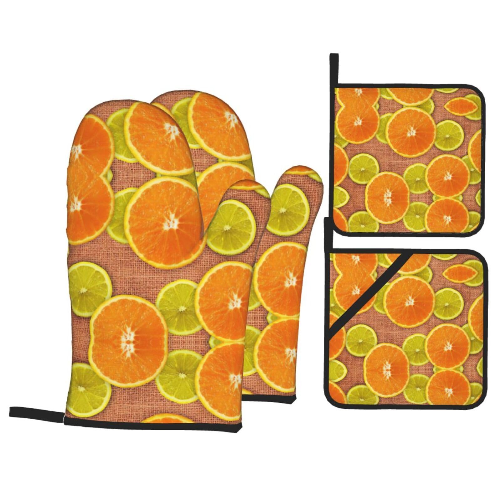 lemons and oranges Print Stylish 4-Piece Microwaving Oven Waterproof Kitchen Gloves Baking Holiday Cooking