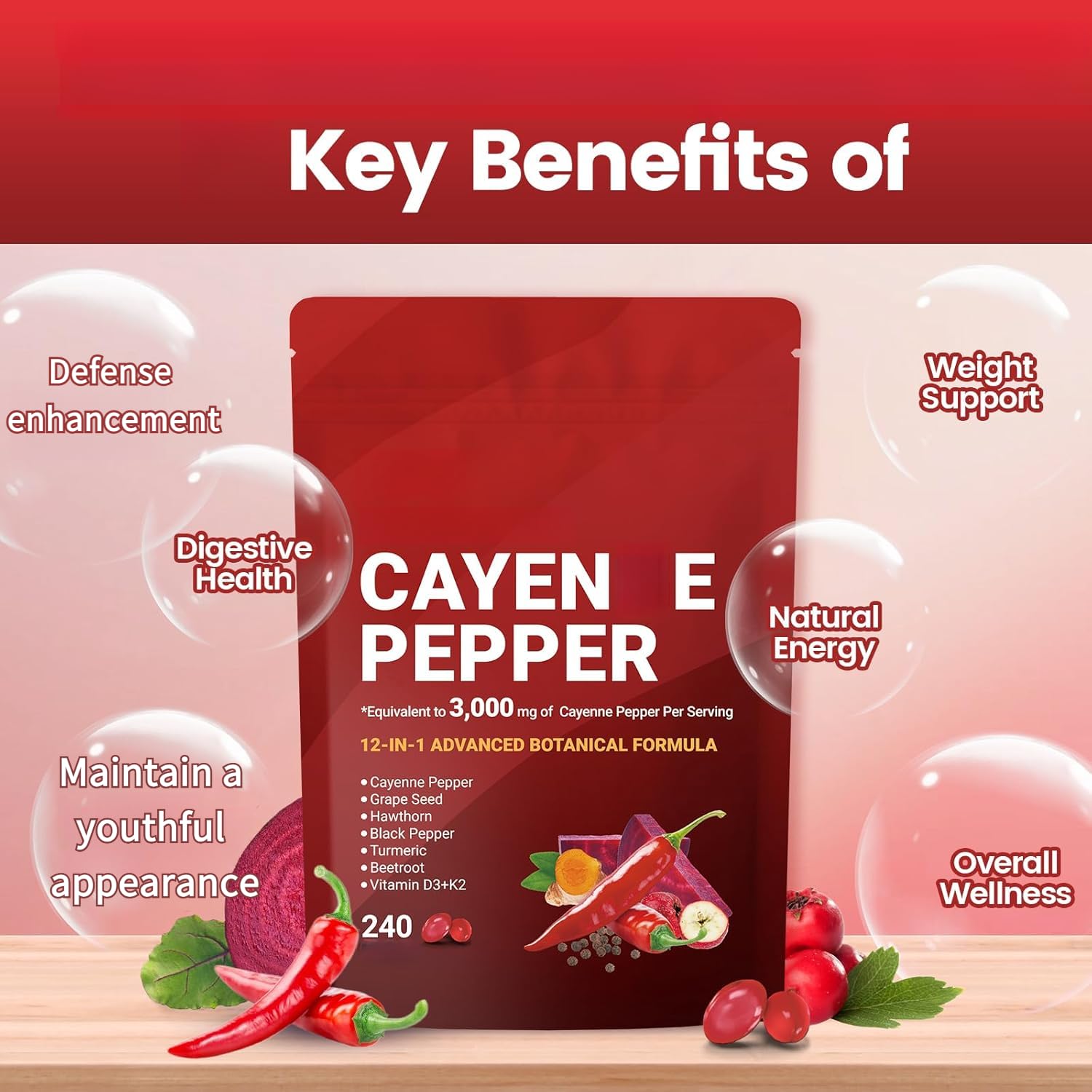 Complesso di pepe di cayenna, aiuta a nutrire l'intestino, la digestione delicata, il supporto del metabolismo, promuove l'equilibrio e la vitalità