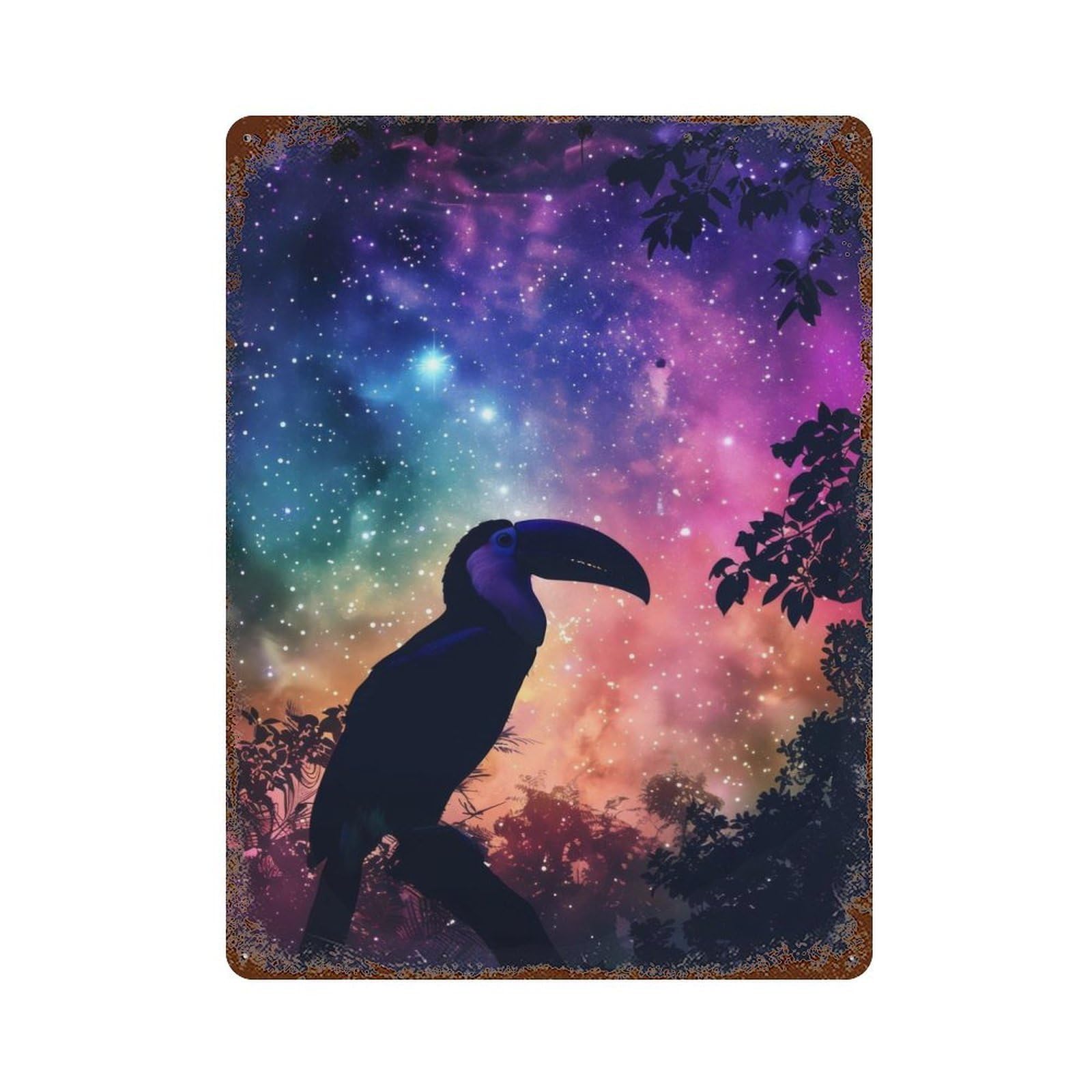Rust Effect Toucan Silhouette Galaxy Aged Metal Wall Plaque 15.7"x11.8", Rustic Home Decor for Bistro, Counter And Cafe Decor