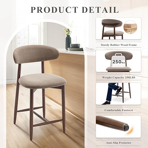 Miniatura 5 de COLAMY - Juego de 3 bancos altos tapizados con respaldo, estilo moderno de mediados de siglo, con patas de madera para isla de cocina y comedor,