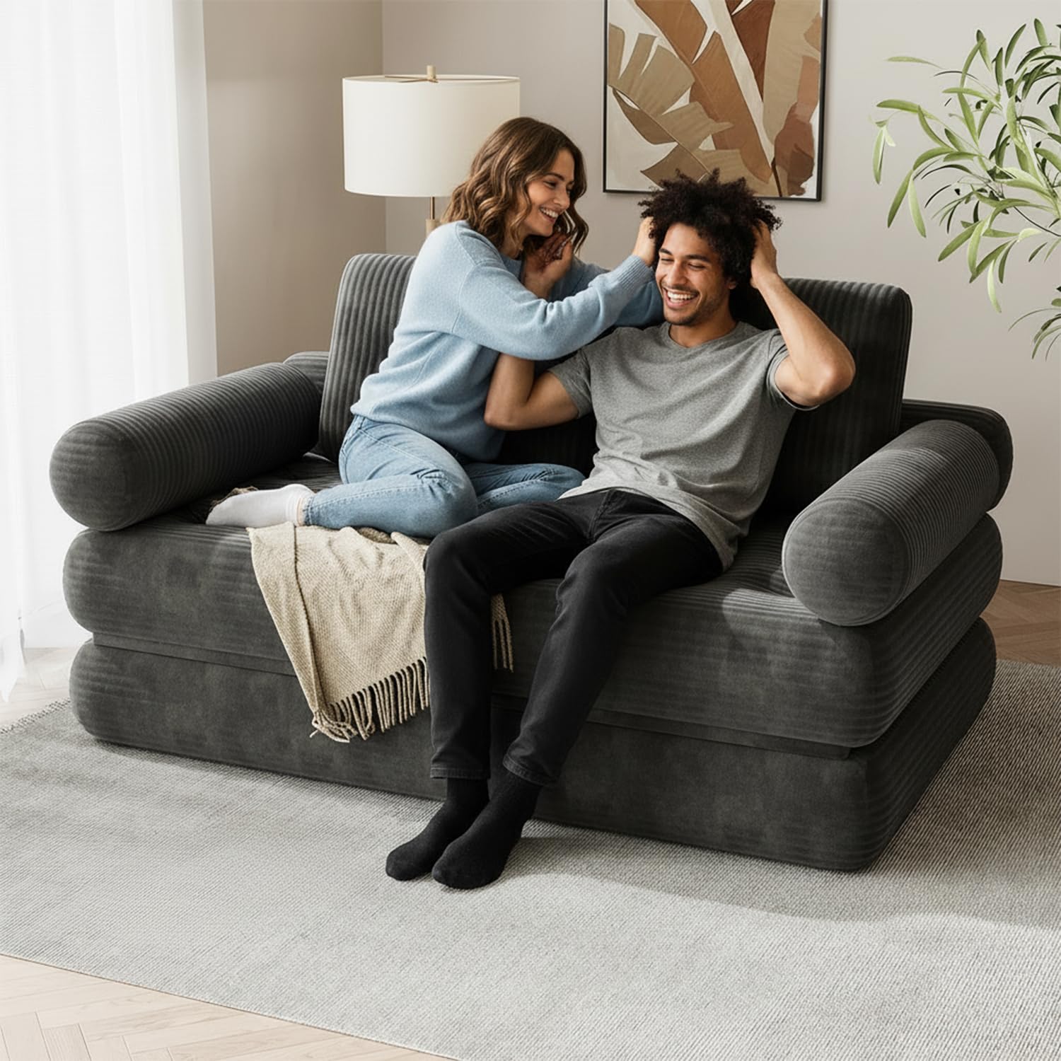 59 Convertible Sofa Bed 5-in-1 Folding Loveseat Sleeper Chair with Pillows Removable Armrests Fold Out Boneless Couch Futon