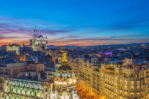 Gran Va at Dusk Madrid España Skyline Foto Foto Iluminada Foto Fotografía Cool Decoración de Pared Póster Impresión Artística 36x24