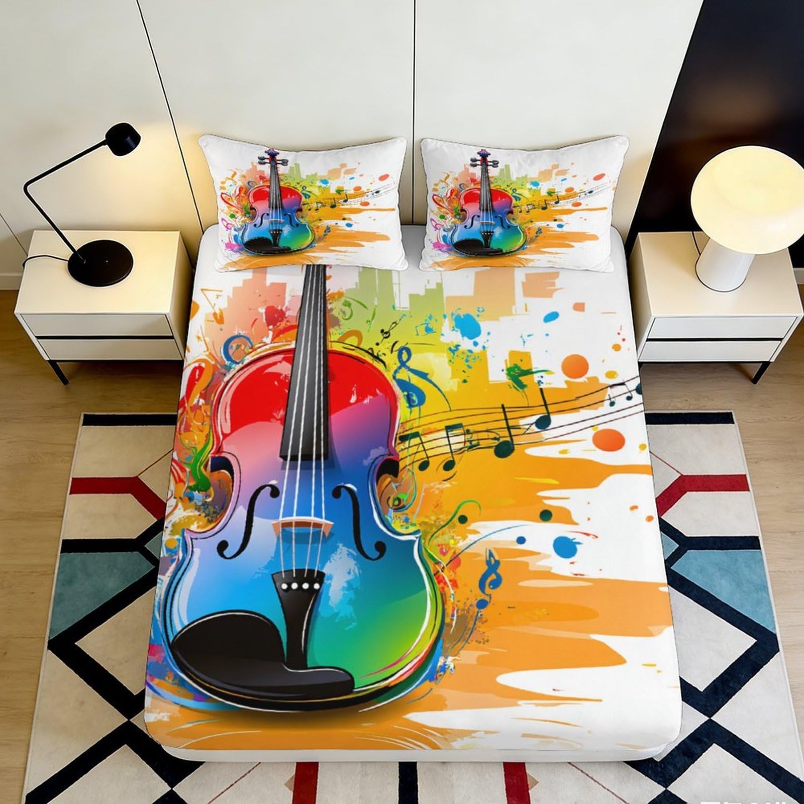 3D Printed Colorful Violin Fitted Sheet Microfiber Soft Anti-Slip Music Notes Bed Cover for Bedroom Guest Room Decor 90x200x25cm