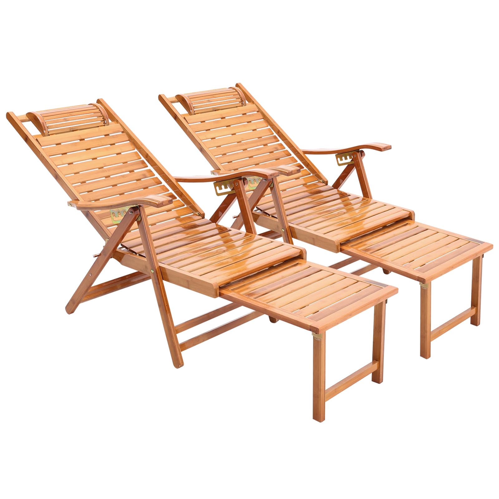 Warmiehomy 2pcs Foldable Sun Lounger Bamboo Garden Sun Loungers 5-Position Backrest Adjustable Recliner Chair with Headrest Beach Deck Chairs with Footrest for Garden Patio Poolside